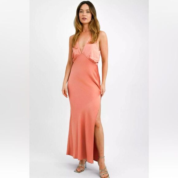 ASOS Design Petite Satin Plunge Elegant Peachy Pink Maxi Dress Sz 8P - Picture 1 of 16